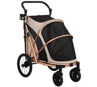 PawHut Carrito para Perros Plegable hasta 20 kg con Ruedas Grandes Suspensión y Freno Ventanas de Malla Cojín Marrón Claro Aosom España