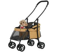 PawHut Carrito para Perros Plegable para Perros Pequeños Carga 10 kg Café | Cochecito para Mascotas, Ventanas de Malla, Cojín Lavable, Correas de Seguridad, Marco de Acero