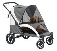 PawHut Carrito para perros plegable para perros y gatos grandes de hasta 30 kg, con cojín, ventanas de red, puertas, bolsa de almacenamiento, carrito para gatos con correas de seguridad, frenos, color
