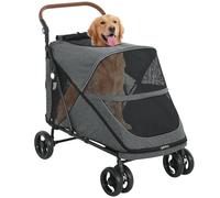 PawHut Carrito para Perros y Gatos Grande Plegable con un Botón hasta 30 kg, Cochecito para Perros Medianos y Grandes, Suspensión 4 Ruedas, Giratorio, Freno de Pie, Cojín Lavable, Gris