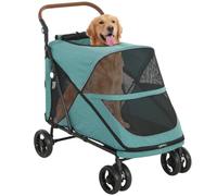 PawHut Carrito para Perros y Gatos Grande Plegable hasta 30 kg Turquesa | Plegable con un Botón, Cochecito para Perros Medianos y Grandes, Suspensión 4 Ruedas, Giratorio, Freno de Pie, Cojín Lavable