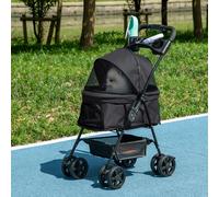 Pawhut Carrito Plegable para Perros y Gatos con Cesta de Almacenamiento, Portavasos, Tela Oxford 300D Impermeable, 4 Ruedas, Negro