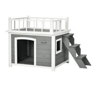 PawHut Casa con balcón para Perros Grandes Gris Claro 121x77x78cm | Casa elevada para mascotas con escaleras, ventana, perrera, madera de abeto, exterior.