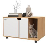 PawHut - Casa de aseo para gatos, muebles para gatos, puertas, mesa auxiliar para mascotas, alfombra de fugas de arena, 2 agujeros de ventilación, estilo escandinavo, natural y blanco