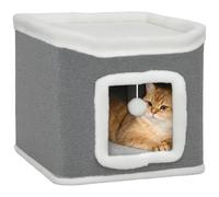 PawHut Casa de Gato para Gatitos de Interior, Cueva de Cama de Gato de 2 Niveles con Bolas de Peluche, Cama al Ras, Barril de Gatito para Multi Gatitos, Gris