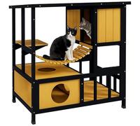 PawHut Casa de madera para gatos con puente colgante, balcón, plataforma, techo impermeable, para 1-2 gatos de hasta 5 kg, color amarillo