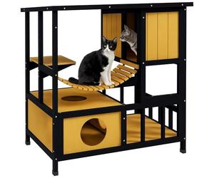 PawHut Casa de madera para gatos con puente colgante, balcón, plataforma, techo impermeable, para 1-2 gatos de hasta 5 kg, color amarillo
