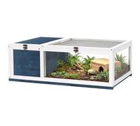 PawHut Casa de Madera para Tortugas con Techo Malla, Pequeña, Azul
