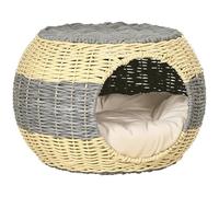 PawHut Casa de mimbre para gatos, cama elevada de ratán, acogedora cueva de gatitos con cojín lavable suave, Φ40 x 30 cm