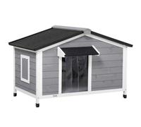 PawHut Casa elevada para Perros pequeños 109x79x72cm Gris | Casa de madera para perro, techo de asfalto abrible, suelo desmontable, caseta impermeable para perro, exterior