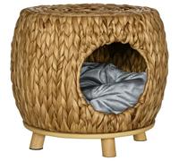 PawHut Casa Gato Mimbre Taburete Descanso Cama elevada 44x43x41 cm | Cama de ratán para gatito, uso interior y exterior, cojín suave lavable