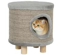 PawHut Casa para Gatos 3 en 1 Taburete, Reposapiés, Cama para Gatos con Rascador, Patas de Madera y Pluma Colgante, Cueva para Interior, 36x36x38 cm, Gris