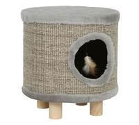 Pawhut casa para gatos 3 en 1 taburete, reposapiés, cama para gatos con rascador, patas de madera y pluma colgante, cueva para interior, 36x36x38 cm, gris