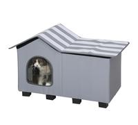PawHut Casa para gatos al aire libre, cueva para gatos salvajes resistente a la intemperie con base elevada y cojín para invierno, casa para mascotas con plataforma superior para interiores y