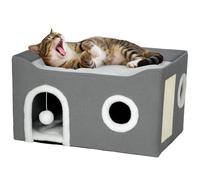 PawHut Casa para Gatos, Cama para Gatos para Mascotas de Interior, Cueva Plegable para Gatitos con Bola de Peluche, Almohadilla para Arañar, Escondite para Gatitos con Cojines Suaves para