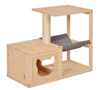 PawHut casa para Gatos con Hamaca, Caja para Gatos con Tronco de sisal, Cueva para Gatos, árbol para Gatos, Centro de Actividades para Gatos, Madera de Abeto, Natural, 70 x 35 x 60 cm