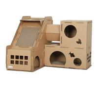 PawHut Casa para Gatos de Cartón Forma Castillo 2 Niveles con 3 Zonas de Rascado Túnel Rampa Incluye Hierba Marrón Aosom España