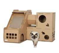 PawHut Casa para Gatos de Cartón, Forma Castillo, Rascador para Gatos de 2 Niveles con 3 Zonas de Rascado, Túnel, Rampa, Incluye Hierba, para Interior, Marrón
