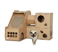 Pawhut casa para gatos de cartón, forma castillo, rascador para gatos de 2 niveles con 3 zonas de rascado, túnel, rampa, incluye hierba, para interior, marrón