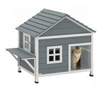 PawHut - Casa para gatos de madera, 2 plantas, para exteriores, con techo impermeable abatible, base elevada, plataforma lateral, ventana, para 1 a 2 gatos hasta 5 kg, 101 x 72,5 x 81 cm, color gris