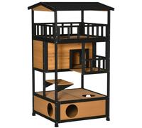PawHut Casa para Gatos de Madera 75,5x75x137 cm Caseta para Gatos Refugio para Gatos con Techo Asfáltico y Plataformas para Interior y Exterior Natural