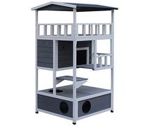 PawHut Casa para Gatos de Madera 75,5x75x137 cm Caseta para Gatos Refugio para Gatos con Techo Asfáltico y Plataformas para Interior y Exterior Gris