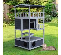 PawHut Casa para Gatos de Madera Techo Asfáltico 75,5x75x137 cm Gris | Caseta para Gatos, Refugio, Plataformas, para Interior y Exterior