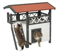 PawHut Casa para Gatos de Madera 77x50x73 cm Caseta para Gatos de 2 Niveles con Terraza y Techo Asfáltico Escalera para Exterior Blanco