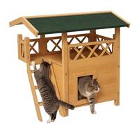 PawHut Casa para Gatos de Madera 77x50x73 cm de 2 Niveles con Techo Asfáltico, Escalera y Balcón para Exterior Natural