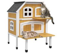 PawHut Casa para Gatos de Madera 78x82x93 cm Caseta para Gatos de 2 Niveles Refugio para Gatos con Techo Asfáltico Terraza y Plataforma de Salto Natural