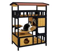 PawHut Casa para Gatos de Madera 84x60x116 cm Caseta para Gatos de 4 Niveles con Puente Colgante Balcón y Techo Asfáltico para Exterior e Interior Natural
