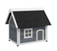 Pawhut casa para gatos de madera caseta para gatos con techo asfáltico abatible ventana y puertas con cortina refugio para mascotas para exterior 77x57,5x68 cm gris y negro