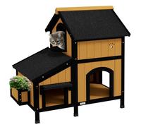 PawHut Casa para Gatos de Madera Con Macetero 96x65x85,5 cm de 2 Niveles Con Techo Asfáltico Ventana y Múltiples Entradas para Interior y Exterior Natural