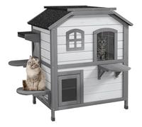 PawHut Casa para gatos de madera de 2 niveles, resistente al invierno, impermeable, con techo de asfalto, tapa plegable, escalera, cueva para gatos, exterior, jardín, balcón, 78 x 55,5 x 91 cm, color