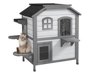 PawHut Casa para gatos de madera de 2 niveles, resistente al invierno, impermeable, con techo de asfalto, tapa plegable, escalera, cueva para gatos, exterior, jardín, balcón, 78 x 55,5 x 91 cm, color