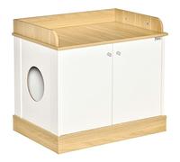 PawHut Casa para Gatos de Madera Mueble Arenero para Gatos 2 en 1 con Estante de Almacenaje Doble Puerta y Orificio de Entrada Lateral 75x53x67 cm Blanco y Roble