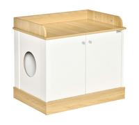 PawHut Casa para Gatos de Madera Mueble Arenero para Gatos 2 en 1 con Estante de Almacenaje Doble Puerta y Orificio de Entrada Lateral 75x53x67 cm Blanco y Roble