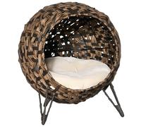 PawHut Casa para gatos de ratán con cojín para dormir para gatos, con patas elevadas, color marrón, diámetro 52 x 58 cm