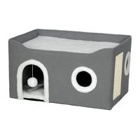 PawHut Casa para Gatos Plegable con Rascador 3 Entradas Bola Colgante Cojín Reversible en Felpa y Tipo Lino 60x40X34 cm Gris