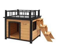 PawHut Casa para Perro con balcón y escaleras Amarillo 121x77x78cm | Casa elevada para animales pequeños, ventana, guarida para perros pequeños y medianos, madera de abeto