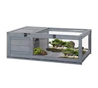 PawHut Casa para Tortugas de Madera Techo de Malla 91x60,5x32 cm Gris