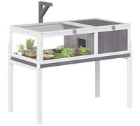 PawHut Casa para Tortugas de Madera, Terrario para Reptiles con 2 Techos Abatibles, Bandeja Extraíble, Soporte para Lámpara, Paneles Transparentes, Pestillo de Seguridad y Cuenco, Caseta para Tortugas