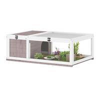 PawHut Casa para Tortugas de Madera, Terrario para Reptiles con Techo de Malla Abrible, Paneles Laterales Transparentes Extraíbles y Pestillo de Seguridad, 91x60,5x32 cm, Marrón Grisáceo