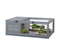 PawHut Casa para Tortugas de Madera, Terrario para Reptiles con Techo de Malla, Paneles Laterales Transparentes Extraíbles y Pestillo de Seguridad, Caseta para Tortugas, 91x60,5x32 cm, Gris