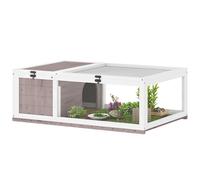 PawHut Casa para Tortugas de Madera, Terrario para Reptiles con Techo de Malla, Paneles Laterales Transparentes Extraíbles y Pestillo de Seguridad, Caseta para Tortugas, 91x60,5x32 cm, Marrón Grisáceo