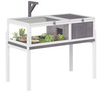 PawHut Casa para Tortugas de Madera, Terrario para Reptiles con 2 Techos Abatibles, Bandeja Extraíble, Soporte para Lámpara, Paneles Transparentes, Pestillo de Seguridad y Cuenco