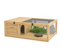 PawHut Casa para Tortugas de Madera, Terrario para Reptiles con Techo de Malla, Paneles Laterales Transparentes Extraíbles y Pestillo de Seguridad, Caseta para Tortugas, 91x60,5x32 cm, Natural