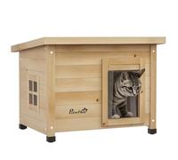 PawHut Casa resistente al invierno, impermeable, con techo de asfalto, ventana y cortina, cueva elevada, refugio exterior, jardín y balcón, 57 x 45 x 43 cm