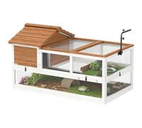 PawHut Casa Tortuga Madera Exterior terrario 116x70.5x69.5 cm Naranja | Recinto para tortugas, dos casas principales, tapa abatible, soporte lámpara, jaula reptiles, para tortugas y reptiles