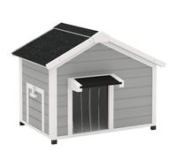 PawHut - Casero para perro al aire libre de madera maciza, casa de perro con techo de asfalto abierto, suelo extraíble, patas elevadas, cortina de puerta, gris claro